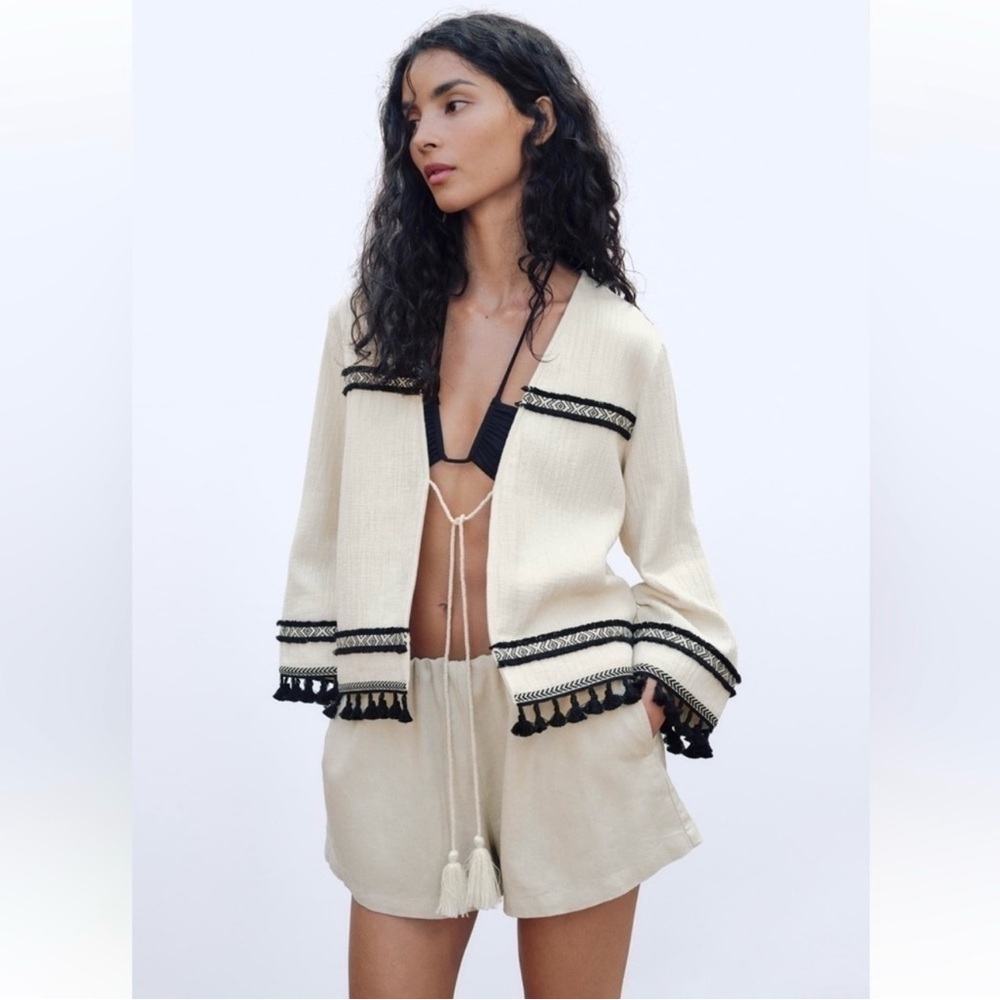 Zara Fringed Passementerie Jacket Cream and Black Long Sleeve - Picture 6 of 16